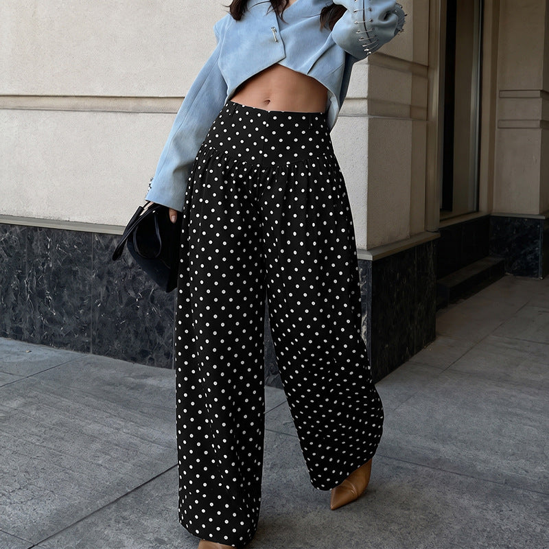 Sweet Cool Vintage Polka Dot High Waist Loose Wide Leg Gathered Casual Pants for Women