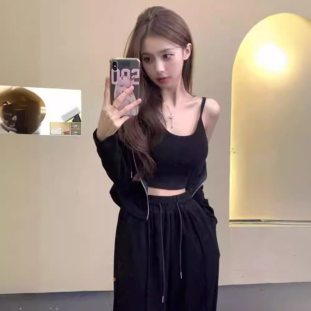 Spring and Summer New Fashion Set, Elegant Sexy Women's Crop Top, Long Sleeve Cardigan, High Waist Floor-Length Pants 3-Piece Set