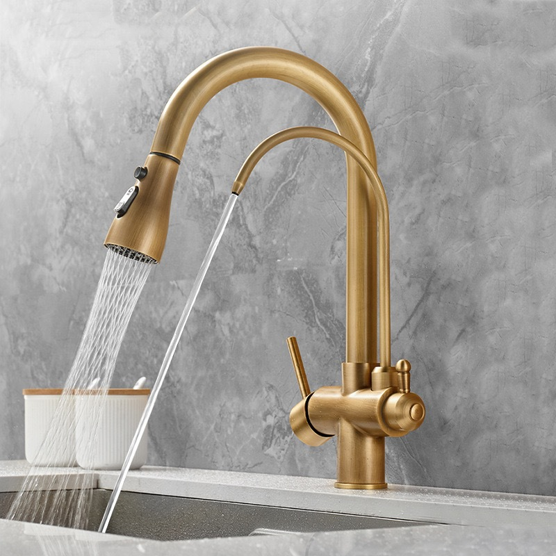 Antique brass three in one pure water direct drinking faucet, kitchen sink, pull-out faucet, hot and cold