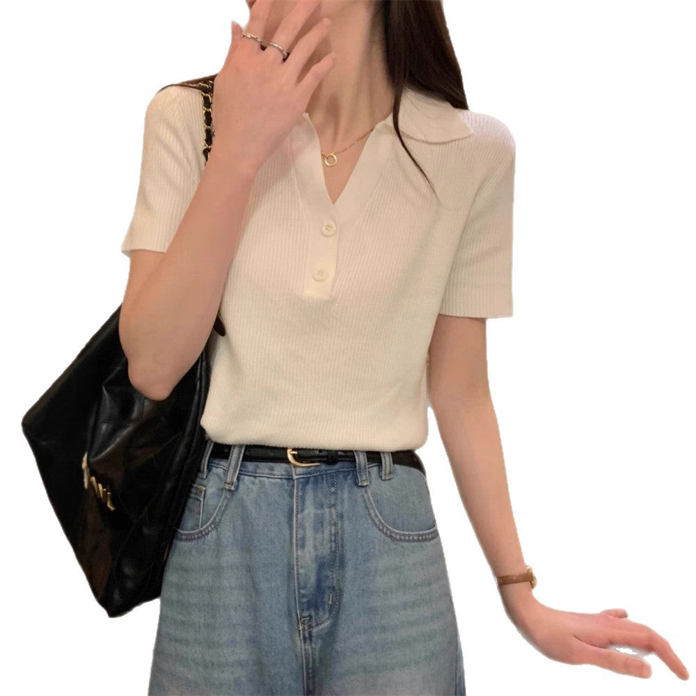 Polo Neck Knitted Top Short Sleeve T-Shirt Pure Desire Unique Elegant Design Small Batch Short Crop Top