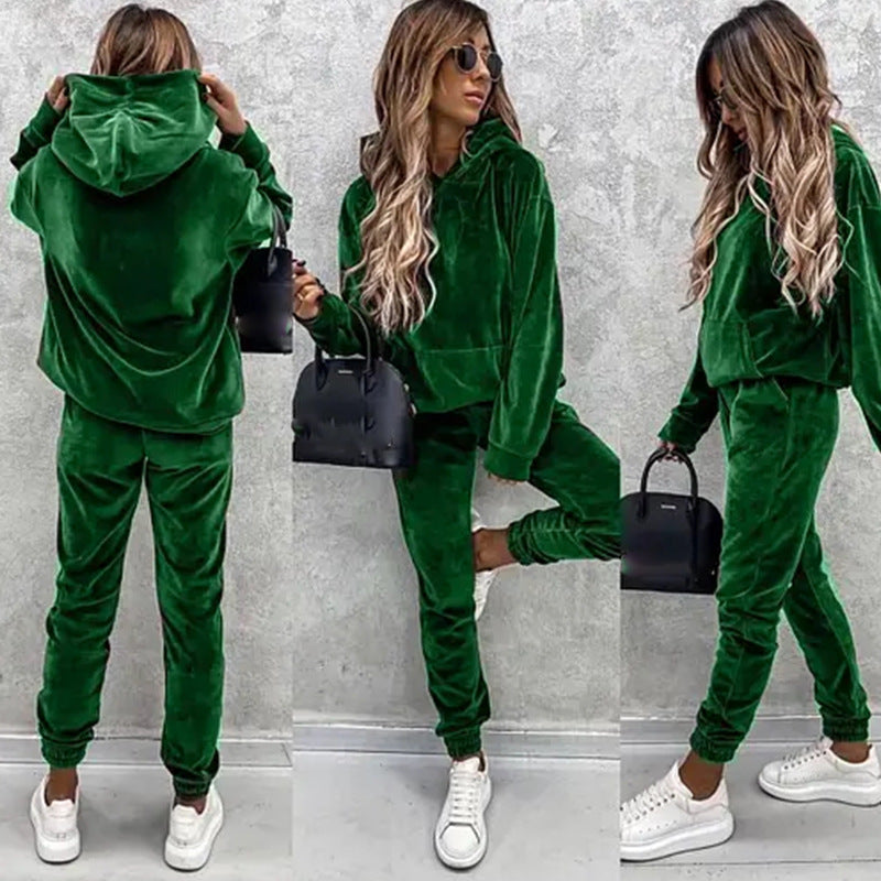 Women's Set Solid Color Hooded Sweatshirt and Sports Long Pants  Two-Piece Set