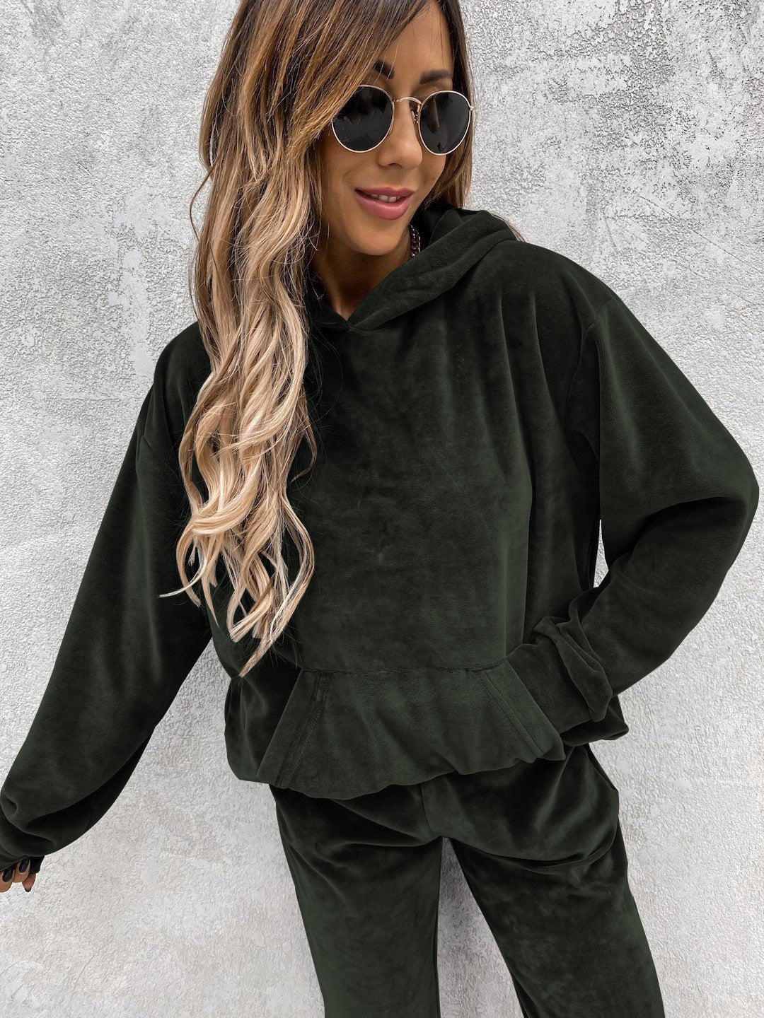 Women's Set Solid Color Hooded Sweatshirt and Sports Long Pants  Two-Piece Set