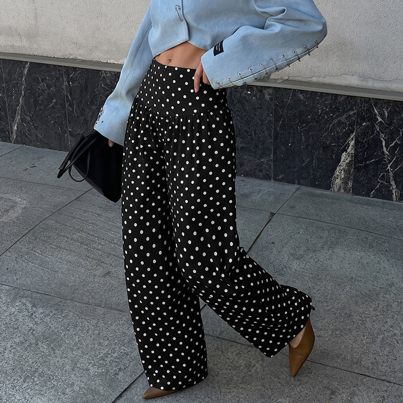 Sweet Cool Vintage Polka Dot High Waist Loose Wide Leg Gathered Casual Pants for Women