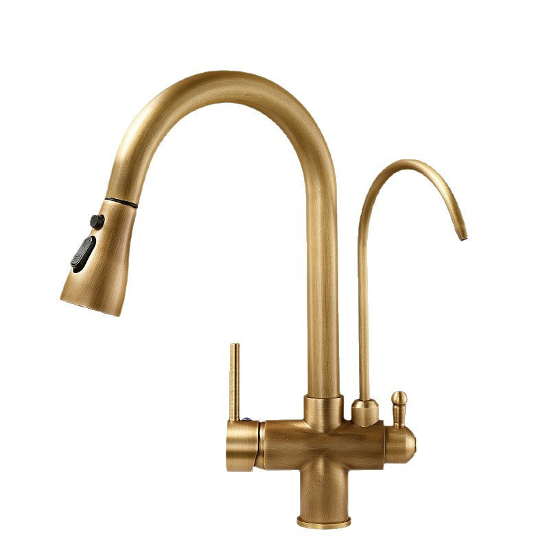 Antique brass three in one pure water direct drinking faucet, kitchen sink, pull-out faucet, hot and cold