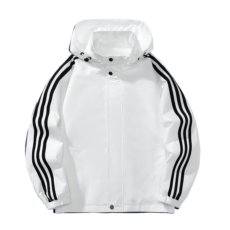 Casual Hooded Jacket for Men, Spring and Autumn Style, Trendy Three-Stripe Design, Loose Fit, Sporty Outerwear