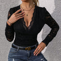 Black Long Sleeve V-Neck Lace Hollow Out Fitted Bodysuit