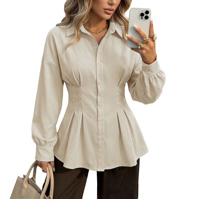 Casual Ruffle Long Sleeve Turn-down Collar Waist-Cinching Women's Shirt