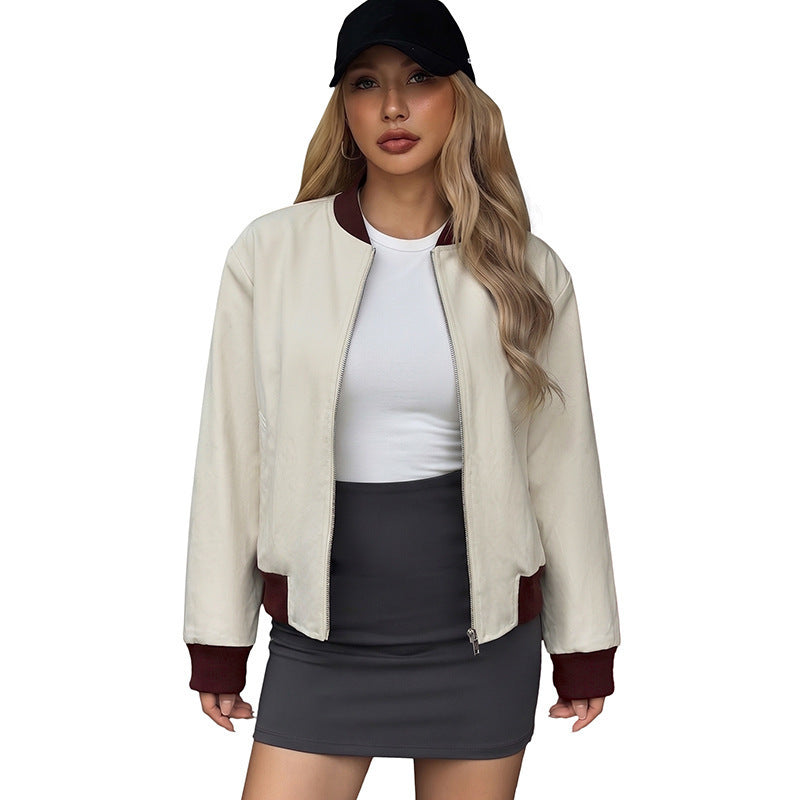 Women's Zipper Closure Stand Collar Loose Fit Jacket