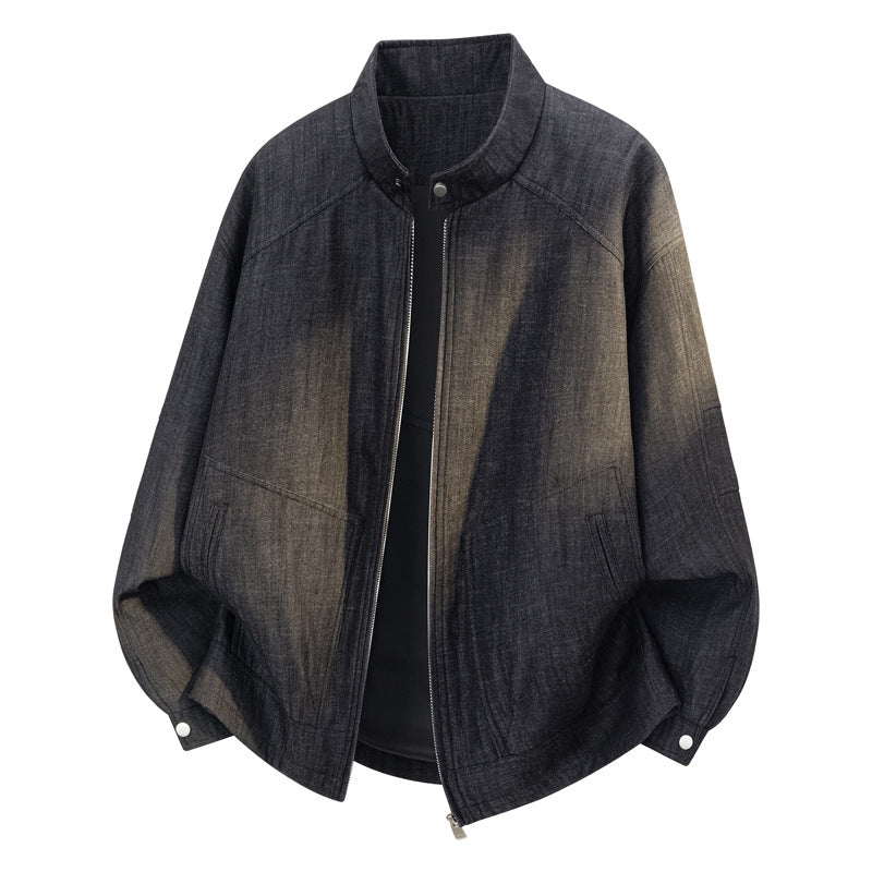 Vintage Denim Zipper Stand Collar Loose Fit Jacket for Men