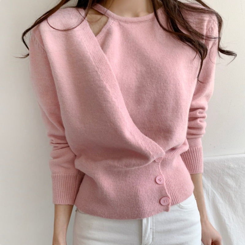 Irregular three button knit long sleeved sweater for women