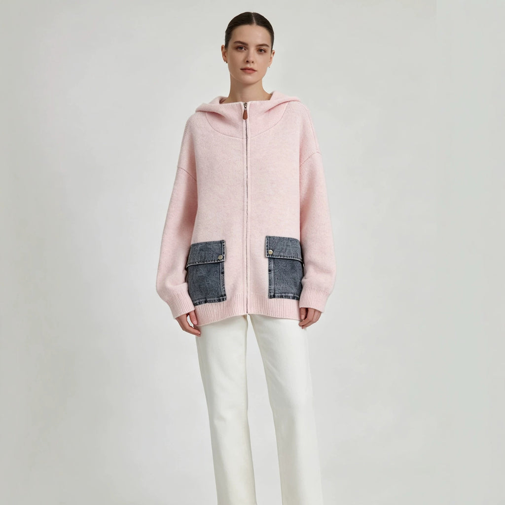 Hooded zipper loose cardigan sweater for women