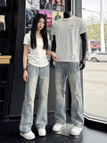 Men's Stylish Washed Vintage Casual Fashion Jeans, Cool and Versatile Blue Streetwear Wide-leg Pants, Export Foreign Trade