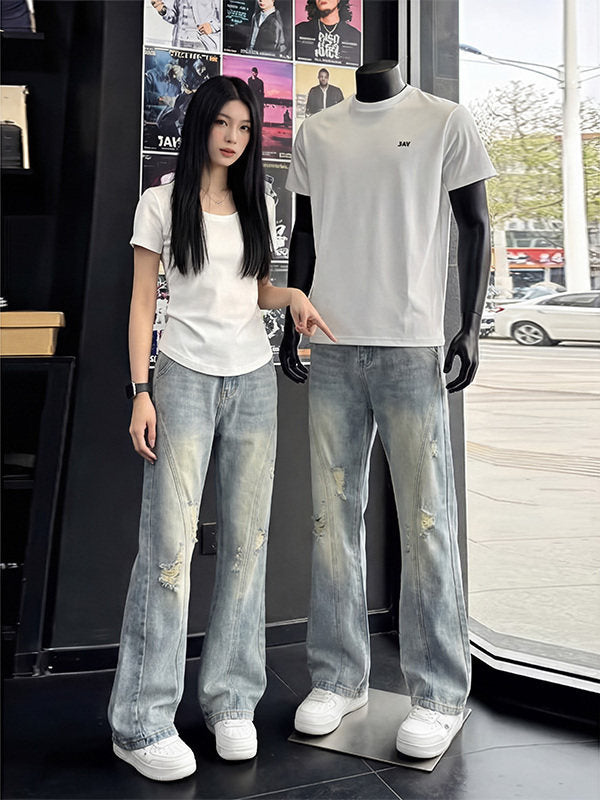 Men's Stylish Washed Vintage Casual Fashion Jeans, Cool and Versatile Blue Streetwear Wide-leg Pants, Export Foreign Trade