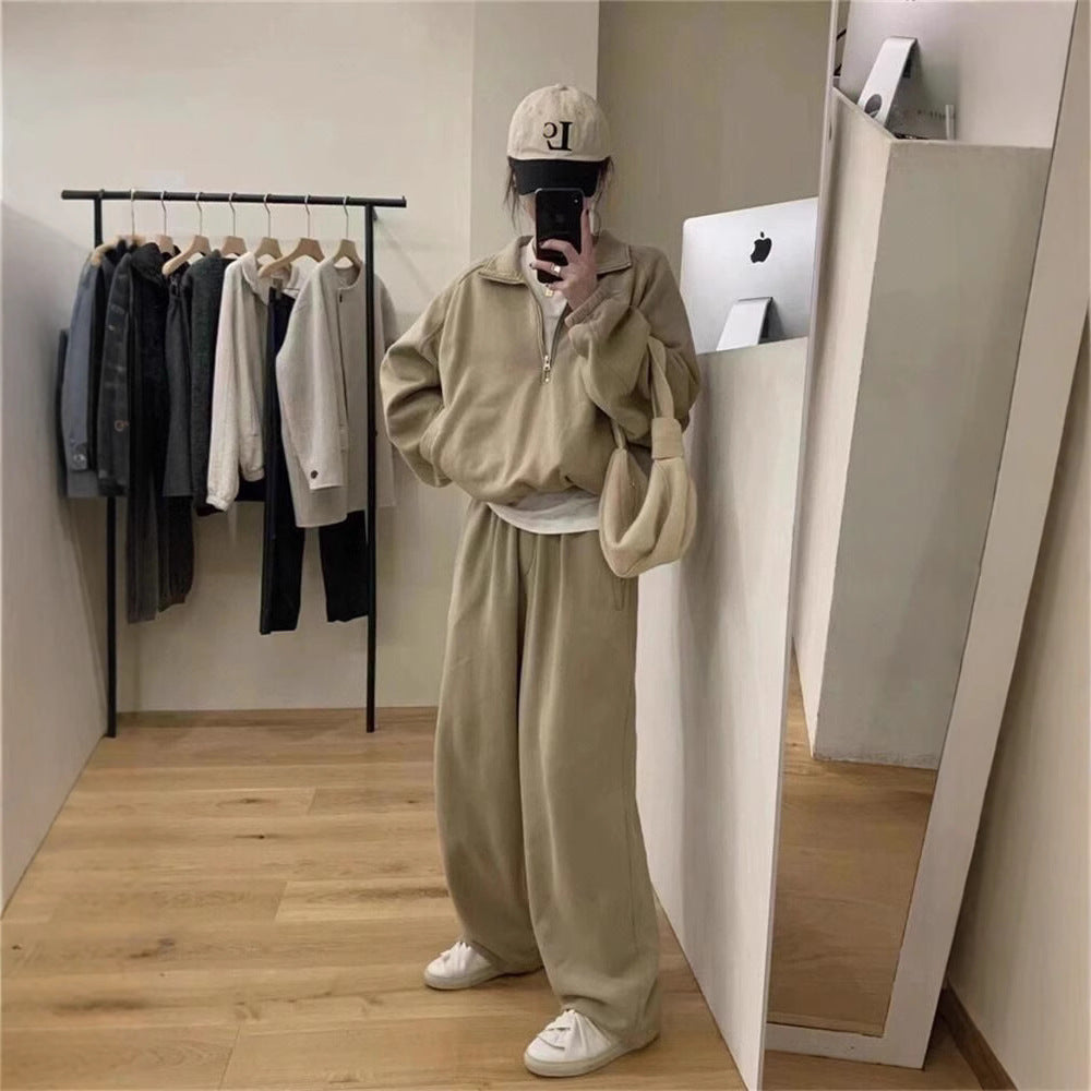 Fashion Trendy Women's Casual Sporty Outfit for Spring and Autumn, Loose Fit with Stand-Up Collar Hoodie and Matching Pants Two-Piece Set