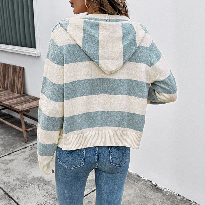 Women's Hooded Knit Cardigan with Color Block Stripes