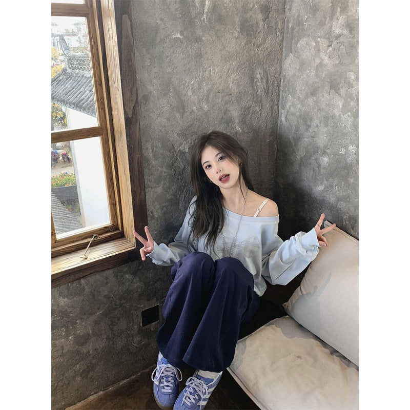 Women's Loose Color Block Long Sleeve Asymmetric Collar Pullover