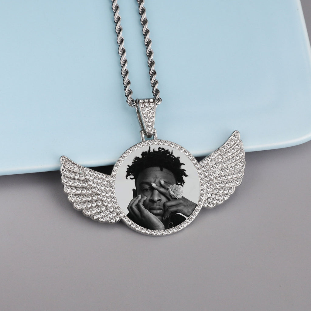 Custom-Made, Ships in 1-2 Days diamond studded hip-hop memory angel wings circular photo pendant frame necklace