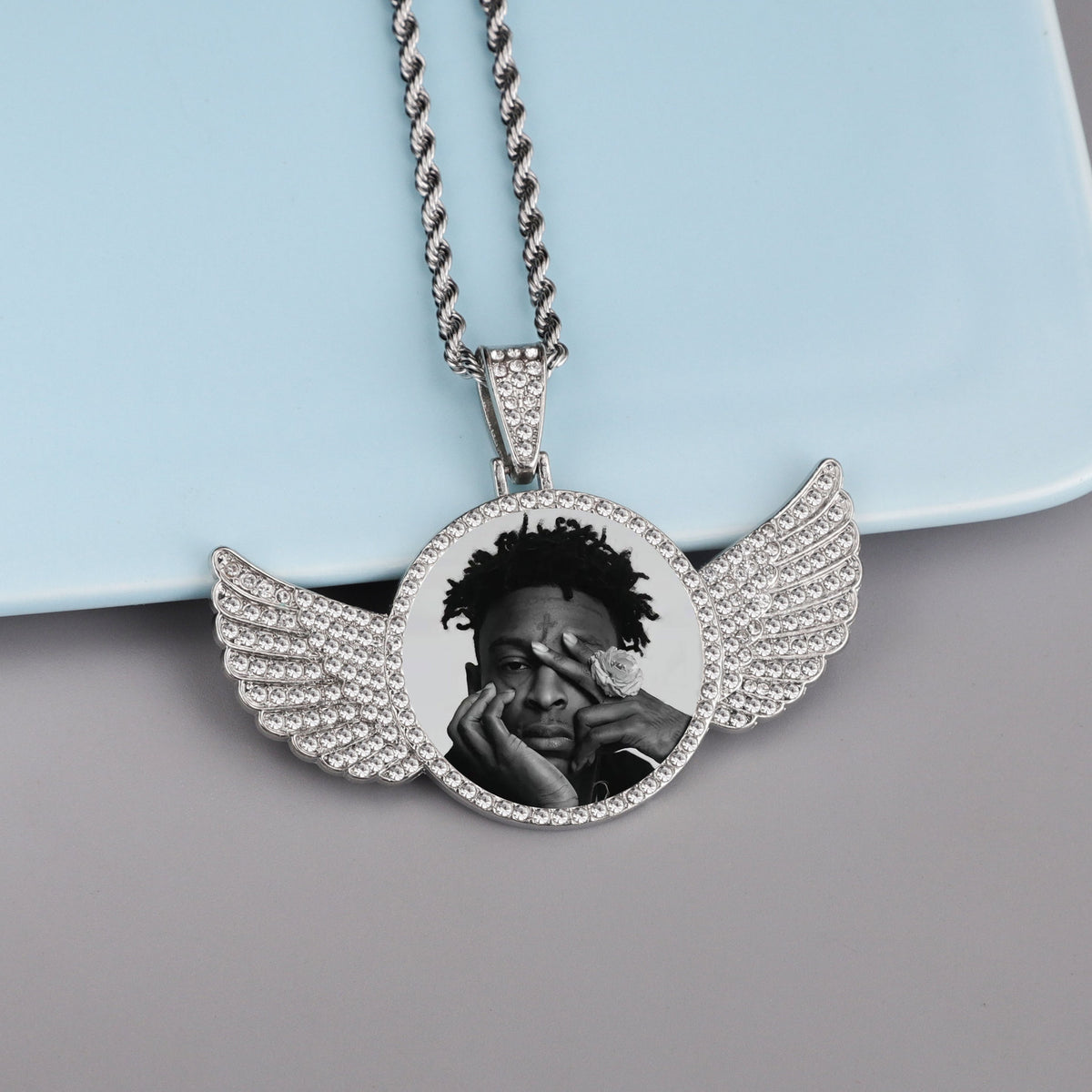 Custom-Made, Ships in 1-2 Days diamond studded hip-hop memory angel wings circular photo pendant frame necklace
