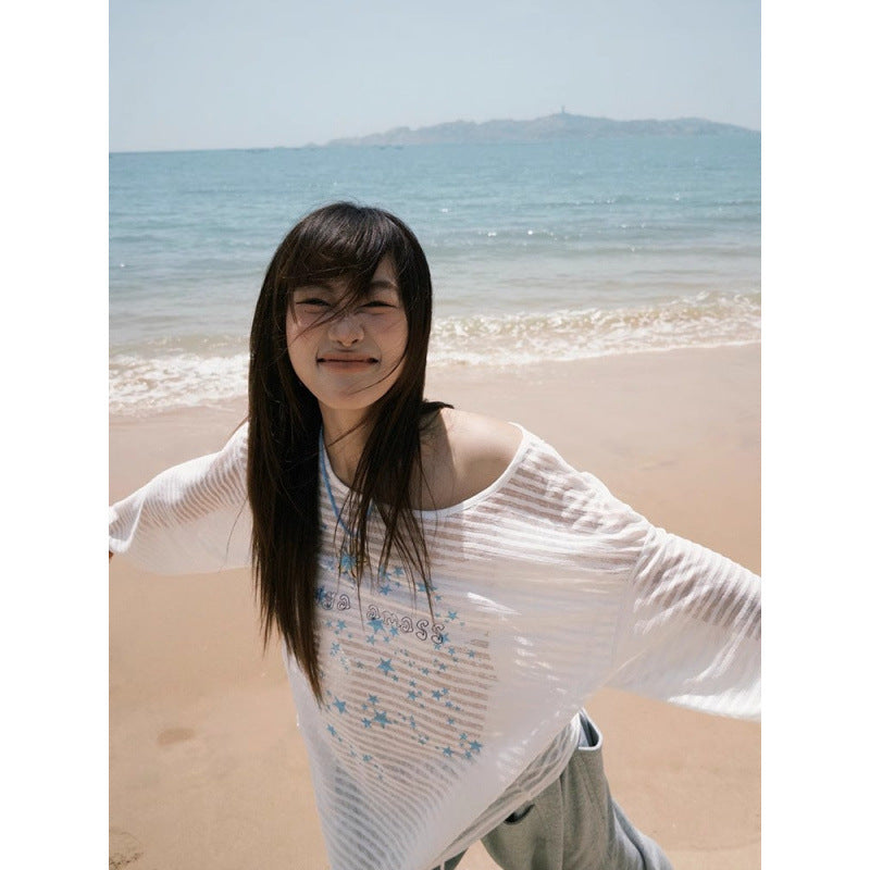 Loose Star Print Long Sleeve Off-Shoulder T-Shirt