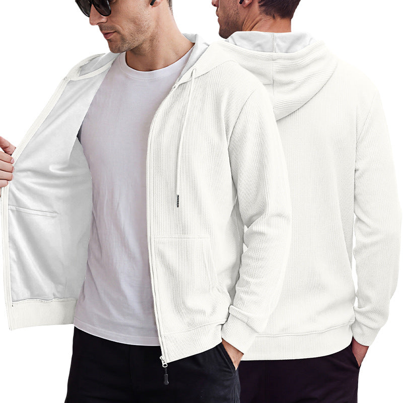 Men's Heavyweight Jacquard Waffle Hooded Loose Open Cardigan Sweatshirt