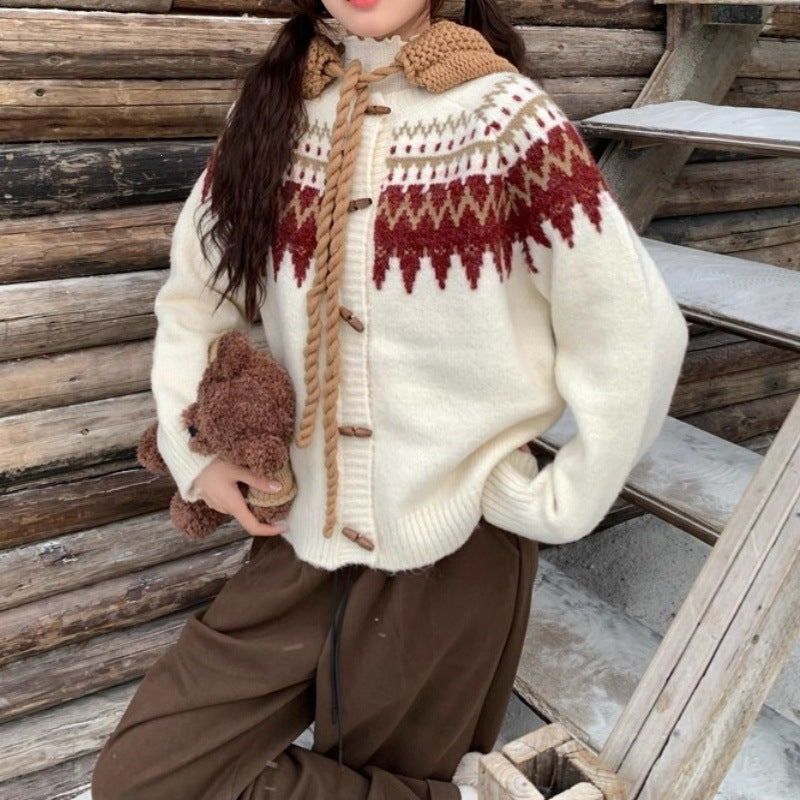 Cow horn buckle lazy style sweater cardigan jacket for women