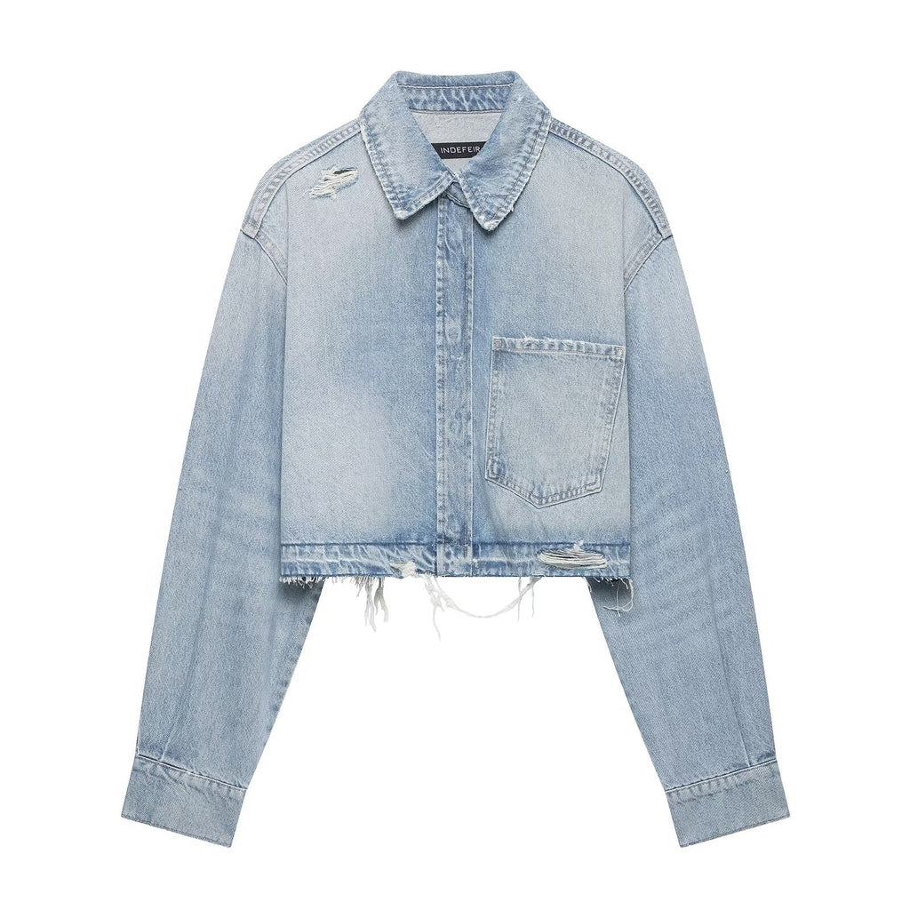 Collar denim long sleeved jacket