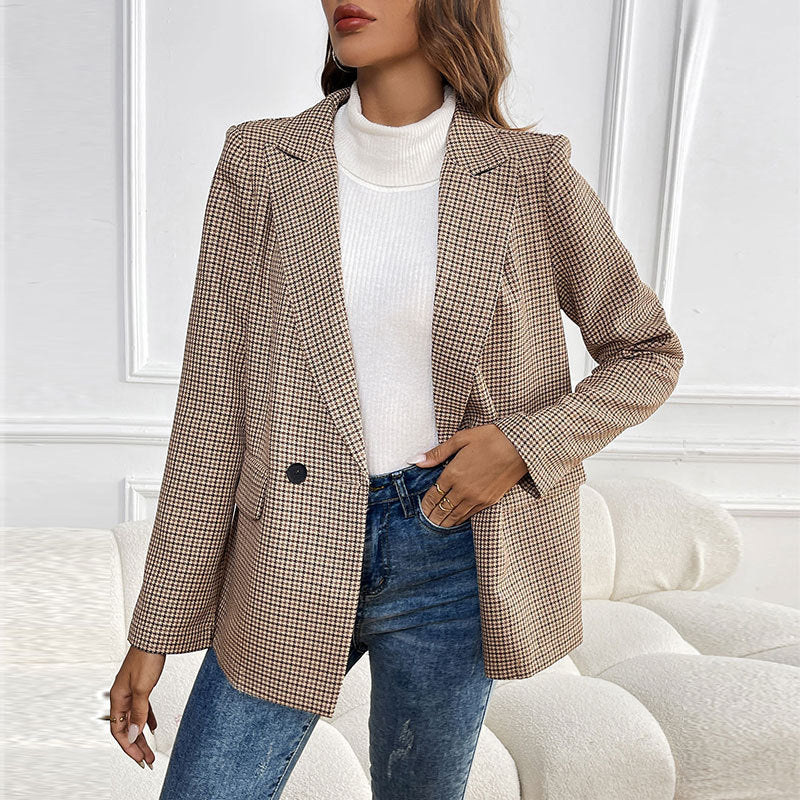 Houndstooth Brown Slim Fit Women's Blazer Jacket