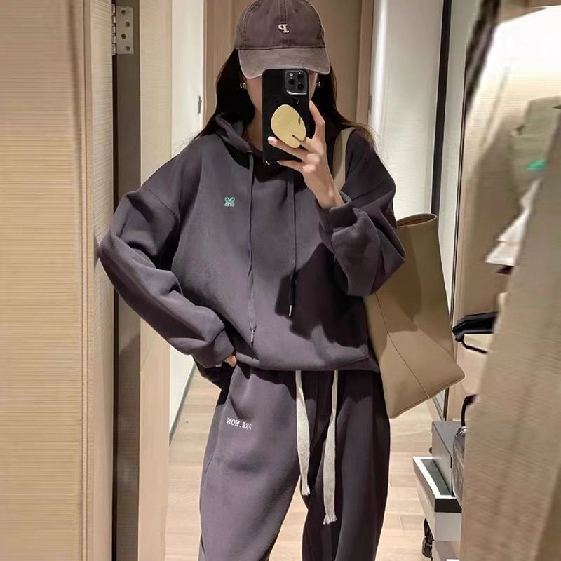 Fashionable  Women's Hoodie Set with Letter Embroidery and Casual Cuffed Pants, Two-Piece Outfit