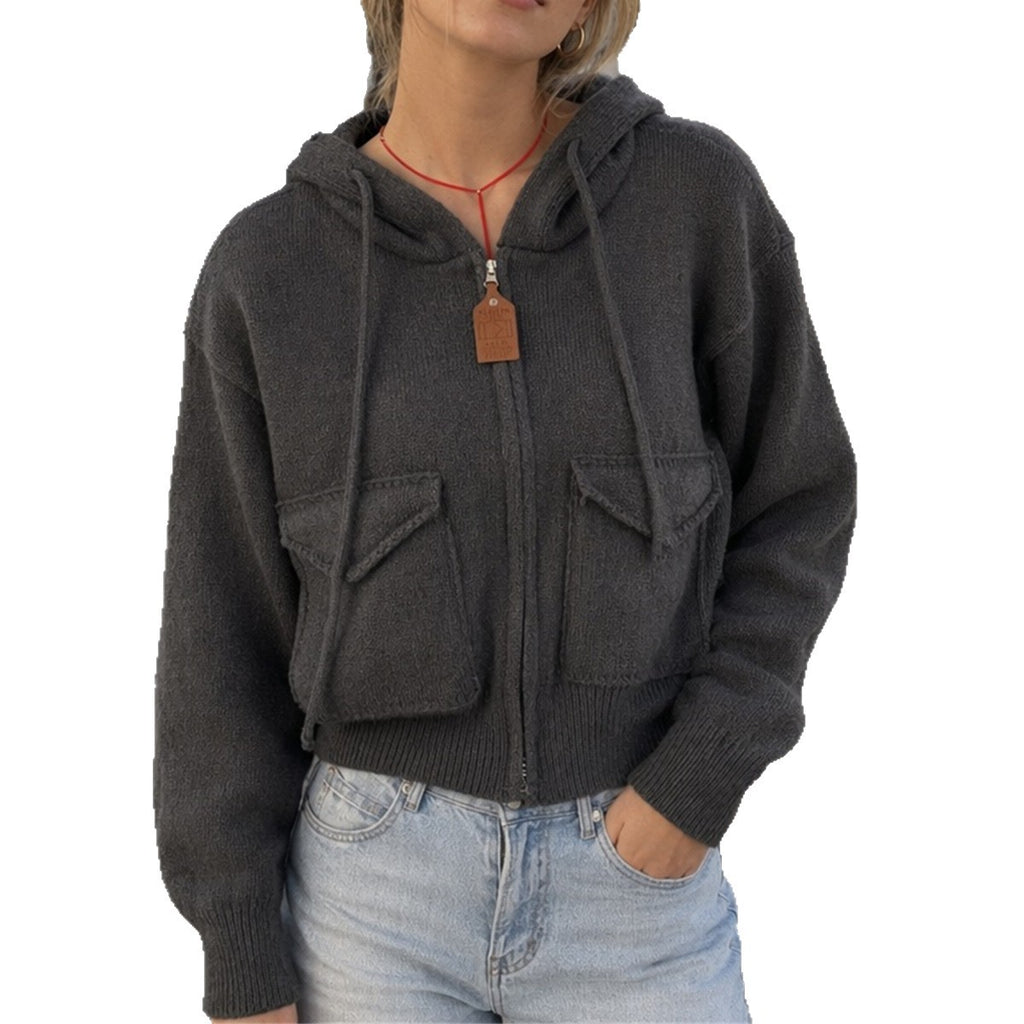 Hooded zipper cardigan with double pockets sweater