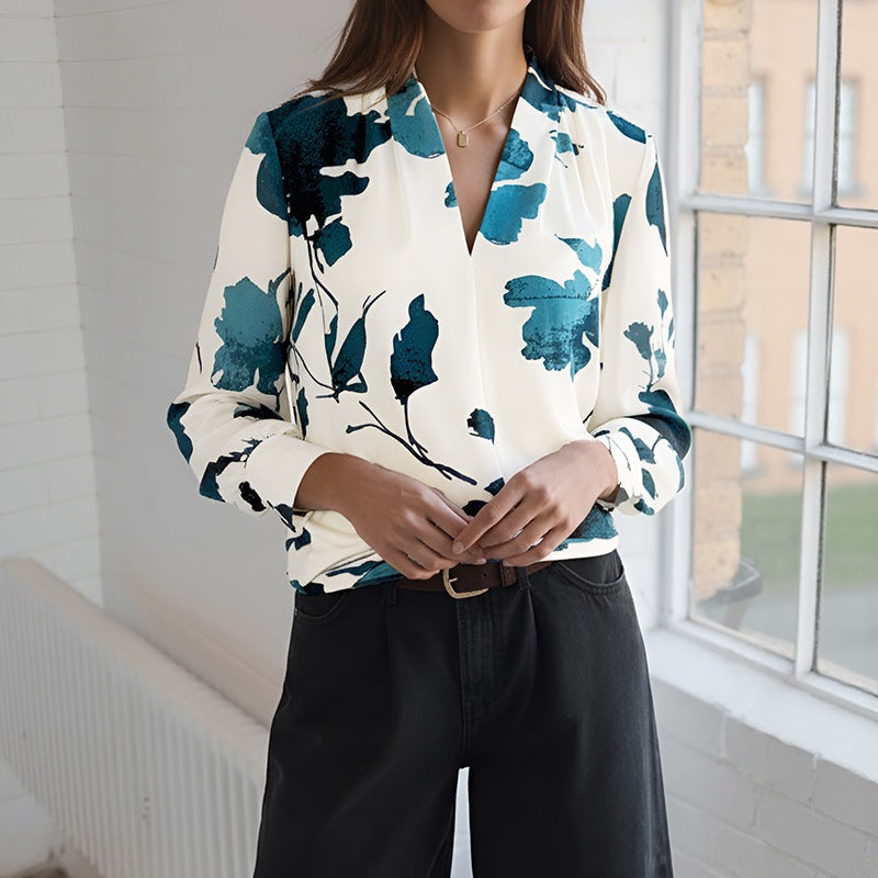 Floral Print Long Sleeve V-Neck Shirt