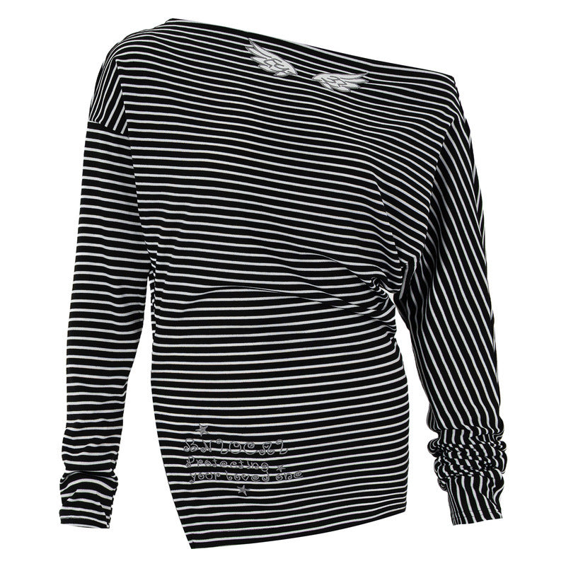 Striped off shoulder long sleeved base shirt