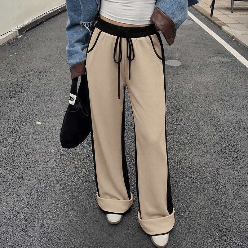 Color Block Spliced Thickened High Waist Cuffed Sweatpants for Women