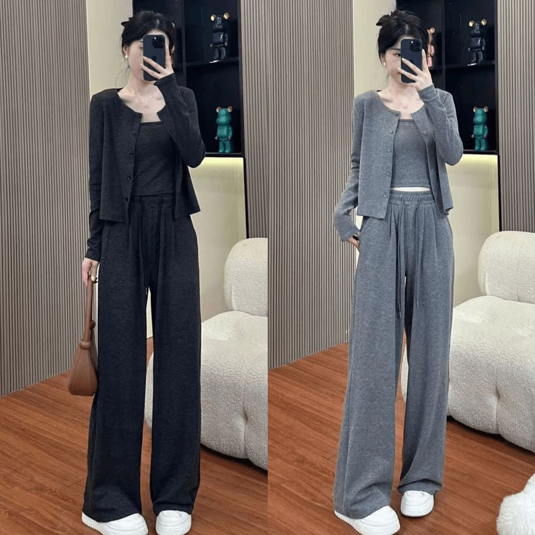 Autumn Lightweight Activewear Set, Casual Fashionable Loose Wide-Leg Pants with Cardigan Jacket, 3-Piece Women's Outfit