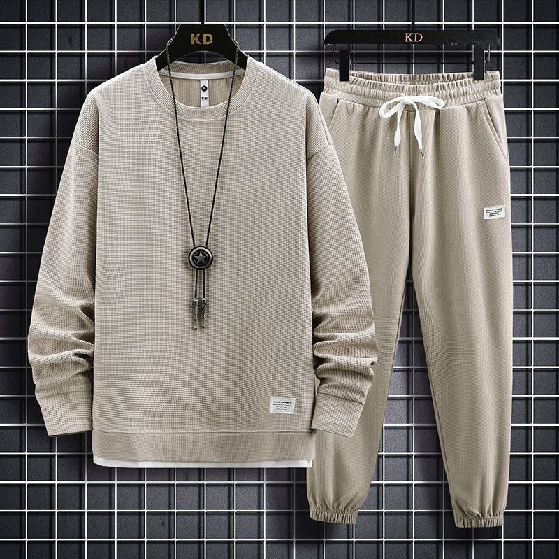 Men's Waffle Knit Casual Long Sleeve Long Pants Two-Piece Set