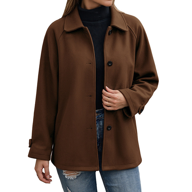 Thickened Woolen Notched Lapel Loose Fit Mid-Length Women's Coat