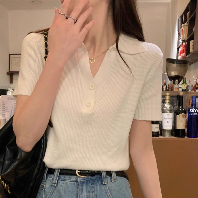 Polo Neck Knitted Top Short Sleeve T-Shirt Pure Desire Unique Elegant Design Small Batch Short Crop Top