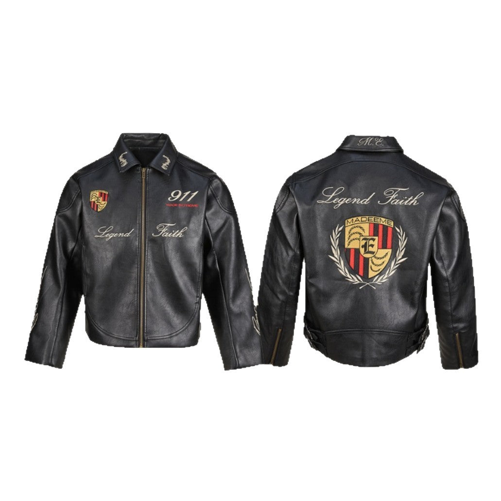 Street Biker Heavy Embroidery Long Sleeve PU Leather Zipper Lapel Crop Men's Jacket