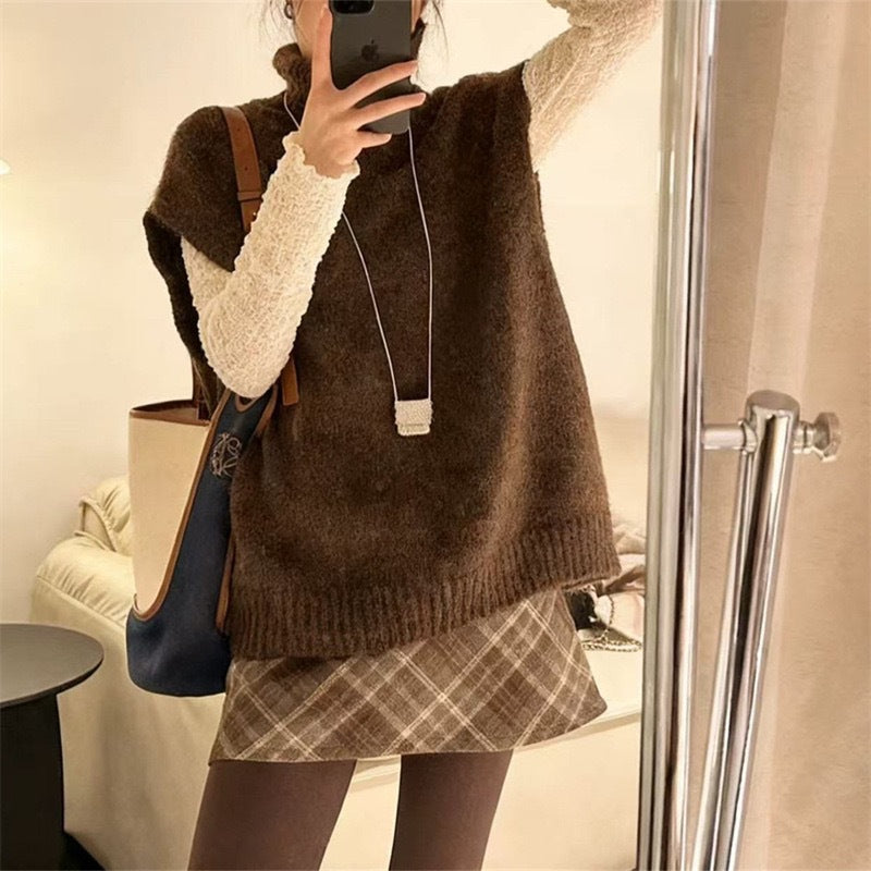 Solid Color Vest Layered Loose Slim Knit Sweater Women