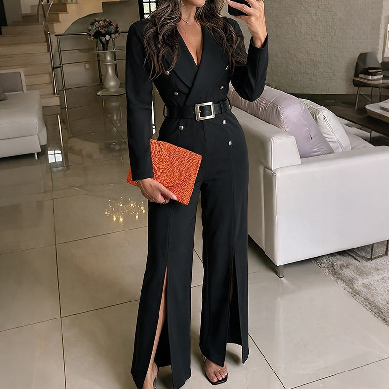 Women's High Waist Split Jumpsuit with Belt Casual Office Wear