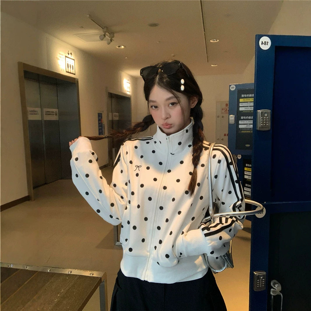 Women's Style Polka Dot Long Sleeve Zipper Sweatshirt Jacket