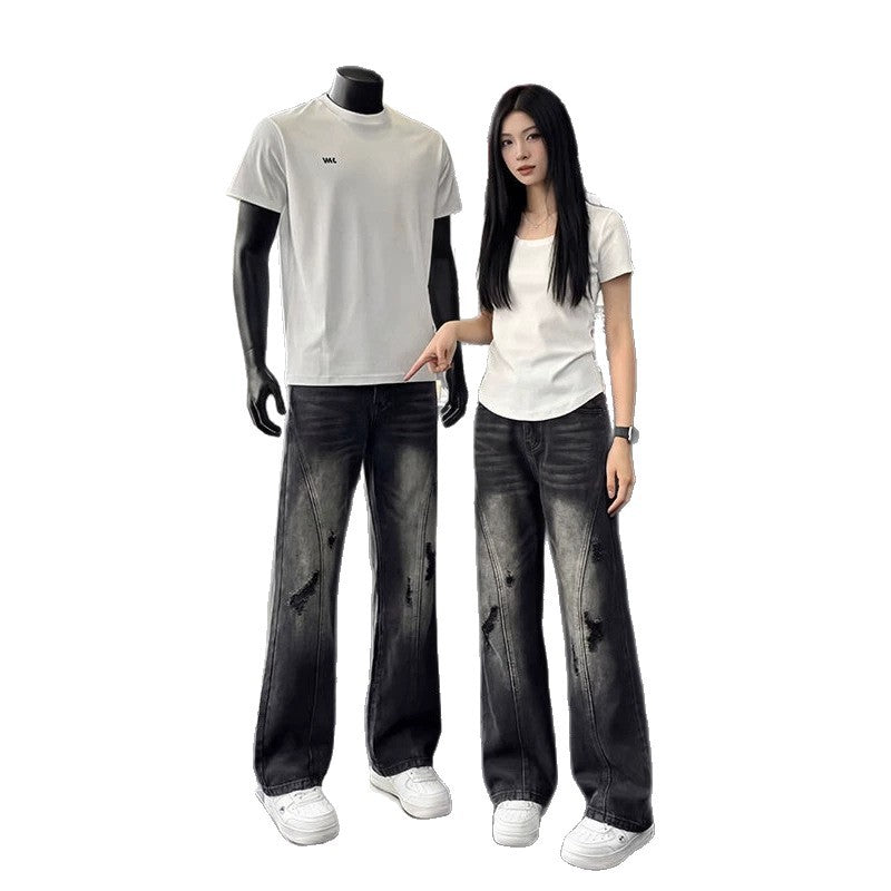 Men's Stylish Washed Vintage Casual Fashion Jeans, Cool and Versatile Blue Streetwear Wide-leg Pants, Export Foreign Trade