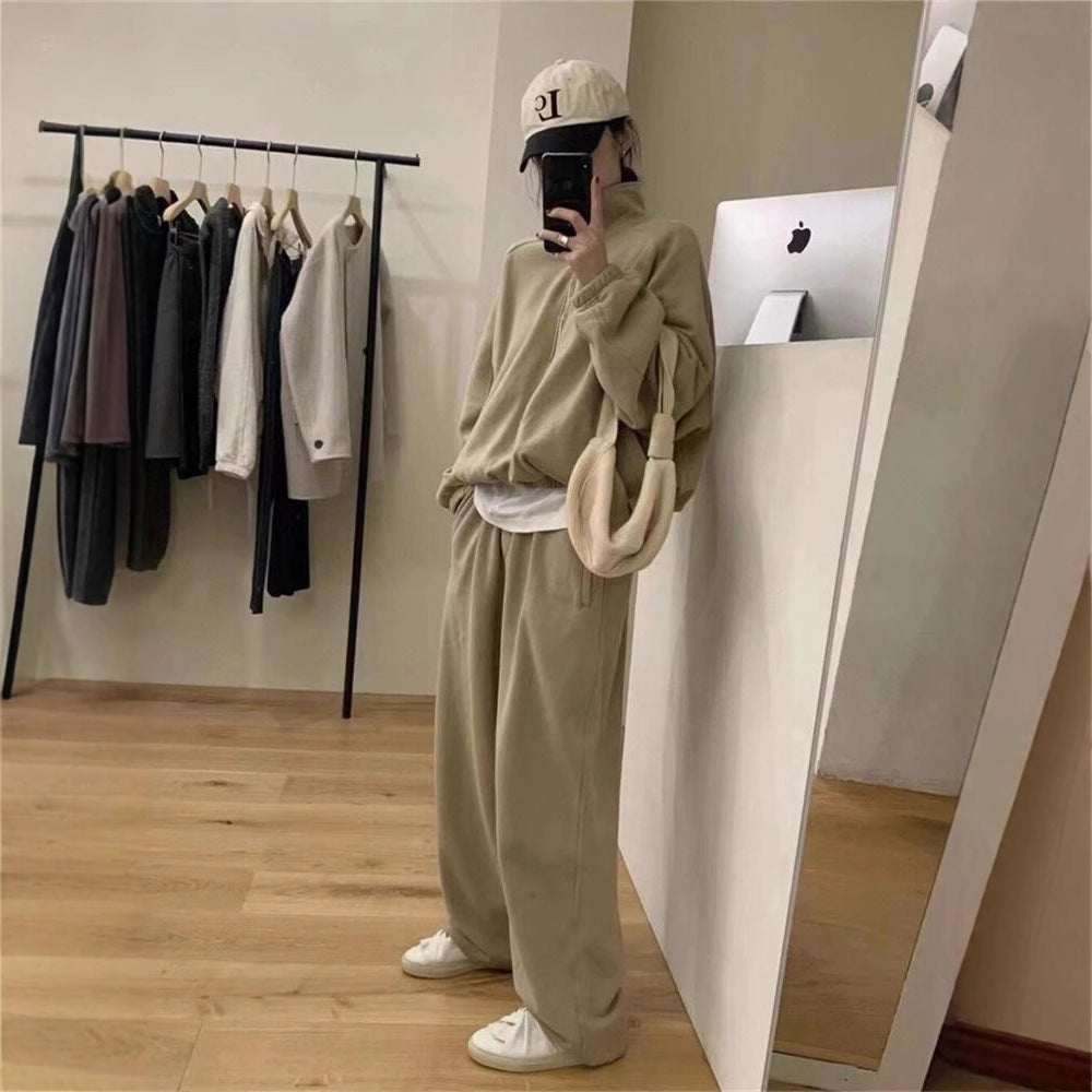 Fashion Trendy Women's Casual Sporty Outfit for Spring and Autumn, Loose Fit with Stand-Up Collar Hoodie and Matching Pants Two-Piece Set