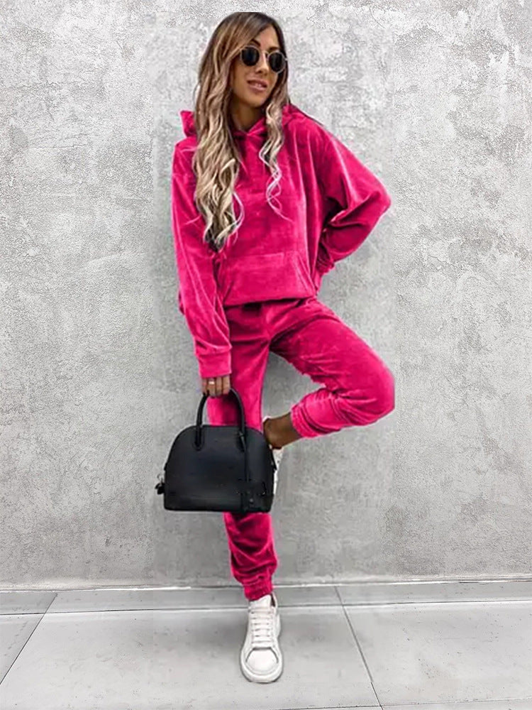 Women's Set Solid Color Hooded Sweatshirt and Sports Long Pants  Two-Piece Set