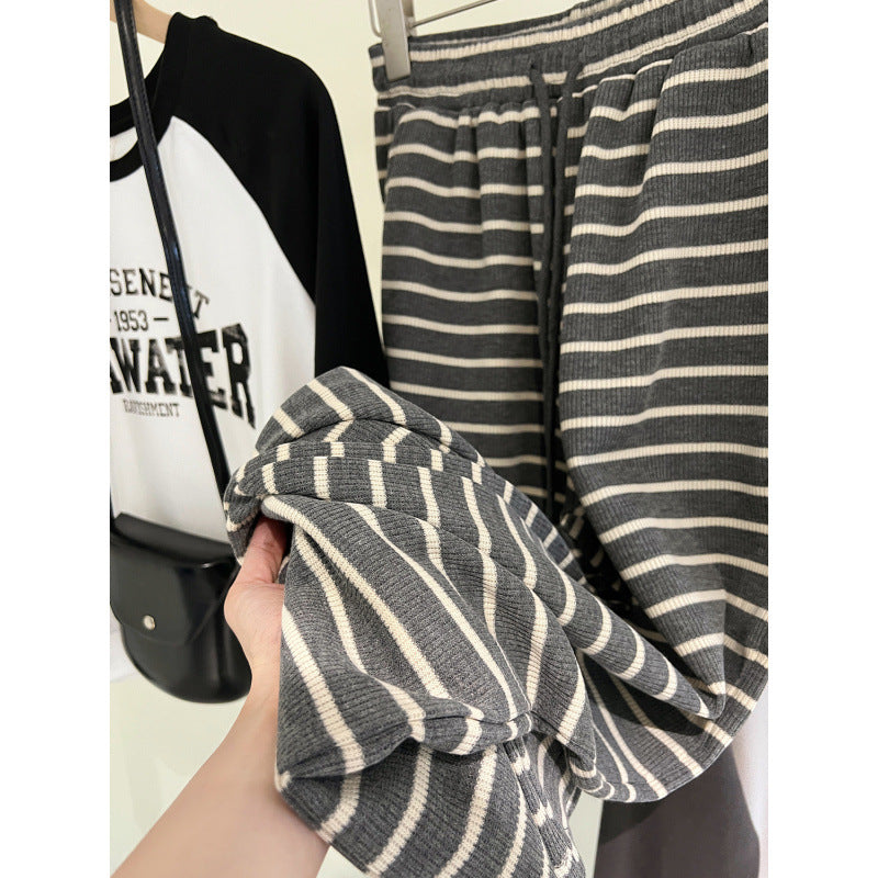 Women's Casual Color-Block Stripe High Waist Wide Leg Straight Pants