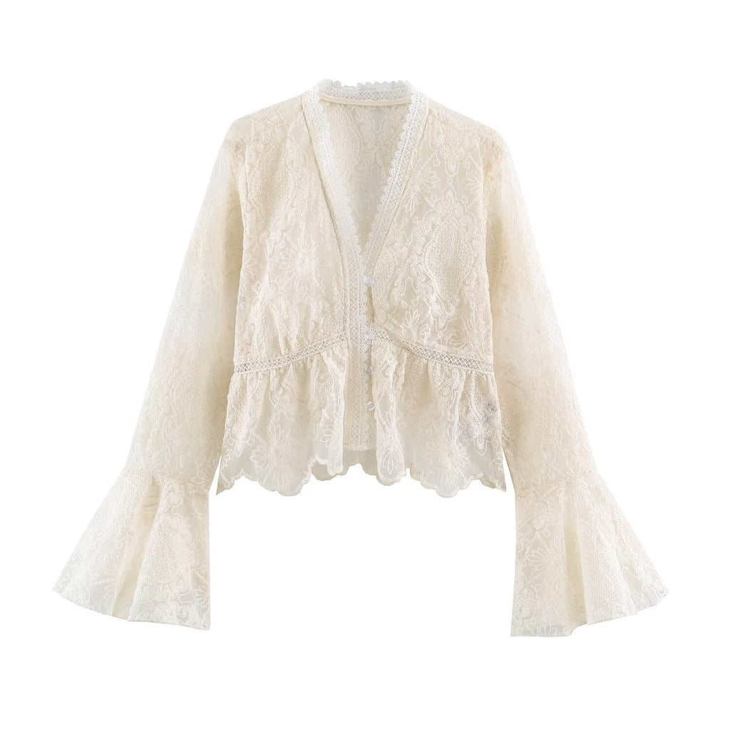 Lace patchwork flared sleeve top