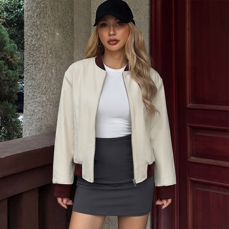 Women's Zipper Closure Stand Collar Loose Fit Jacket
