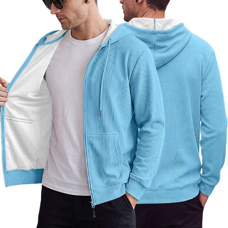 Men's Heavyweight Jacquard Waffle Hooded Loose Open Cardigan Sweatshirt