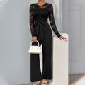 Women's Long Sleeve Drapey Lace Wide Leg Patchwork Tie Waist Loose Fit