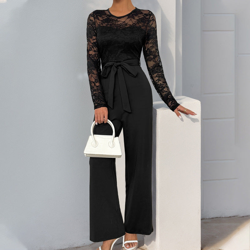 Women's Long Sleeve Drapey Lace Wide Leg Patchwork Tie Waist Loose Fit