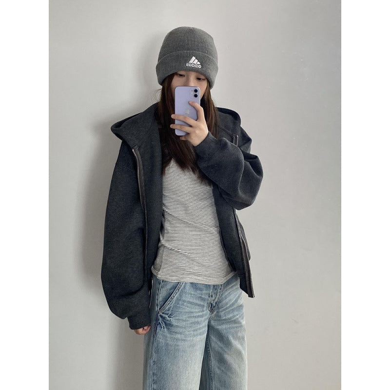 Women's Vintage Hooded Baseball Cardigan Sweatshirt Jacket Loose Casual